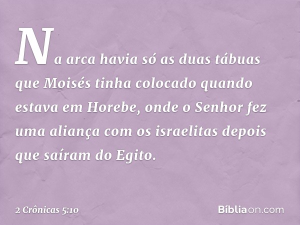 Na arca havia só as duas tábuas que Moisés tinha colocado quando estava em Horebe, onde o Senhor fez uma aliança com os israelitas depois que saíram do Egito. -