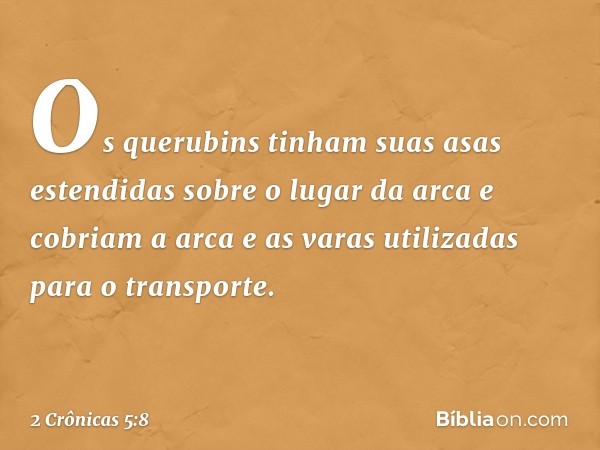 Os querubins tinham suas asas estendidas sobre o lugar da arca e cobriam a arca e as varas utilizadas para o trans­porte. -- 2 Crônicas 5:8