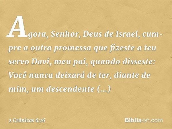 "Agora, Senhor, Deus de Israel, cum­pre a outra promessa que fizeste a teu servo Davi, meu pai, quando disseste: 'Você nunca deixará de ter, diante de mim, um d