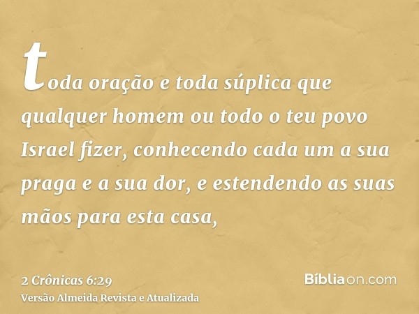 toda oração e toda súplica que qualquer homem ou todo o teu povo Israel fizer, conhecendo cada um a sua praga e a sua dor, e estendendo as suas mãos para esta c