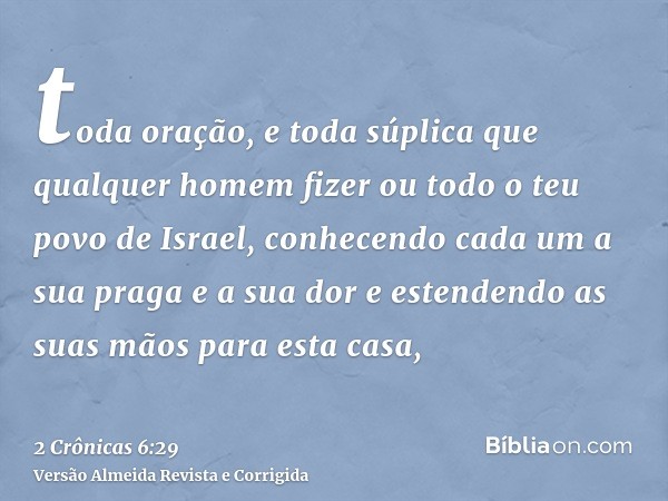 toda oração, e toda súplica que qualquer homem fizer ou todo o teu povo de Israel, conhecendo cada um a sua praga e a sua dor e estendendo as suas mãos para est