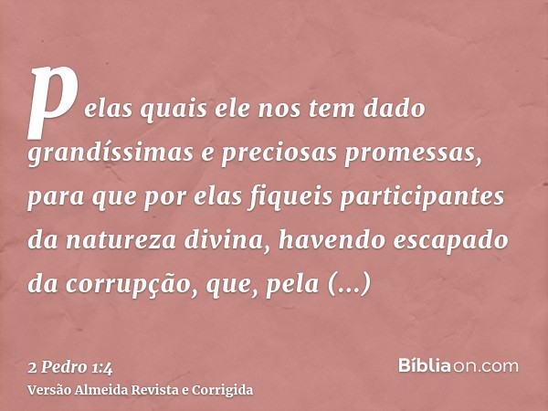 pelas quais ele nos tem dado grandíssimas e preciosas promessas, para que por elas fiqueis participantes da natureza divina, havendo escapado da corrupção, que,