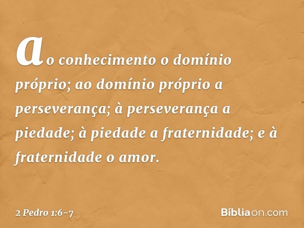 ao conhecimento o domínio próprio; ao domínio próprio a perseverança; à perseverança a piedade; à piedade a fraternidade; e à fraternidade o amor. -- 2 Pedro 1: