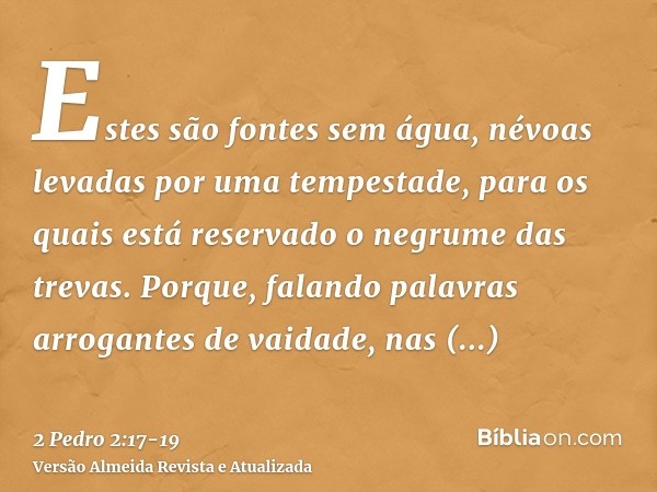 Estes são fontes sem água, névoas levadas por uma tempestade, para os quais está reservado o negrume das trevas.Porque, falando palavras arrogantes de vaidade, 