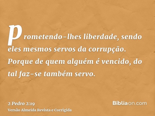 prometendo-lhes liberdade, sendo eles mesmos servos da corrupção. Porque de quem alguém é vencido, do tal faz-se também servo.