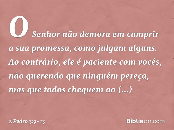 O Senhor não demora em cumprir a sua promessa, como julgam alguns. Ao contrário, ele é paciente com vocês, não querendo que ninguém pereça, mas que todos chegue