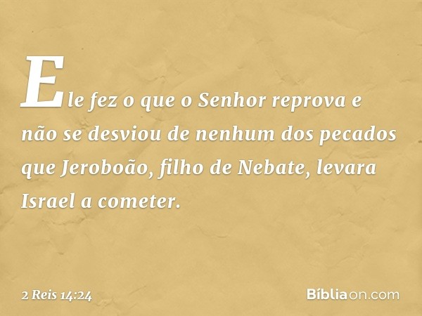 Ele fez o que o Senhor reprova e não se desviou de nenhum dos pecados que Jeroboão, filho de Nebate, levara Israel a cometer. -- 2 Reis 14:24