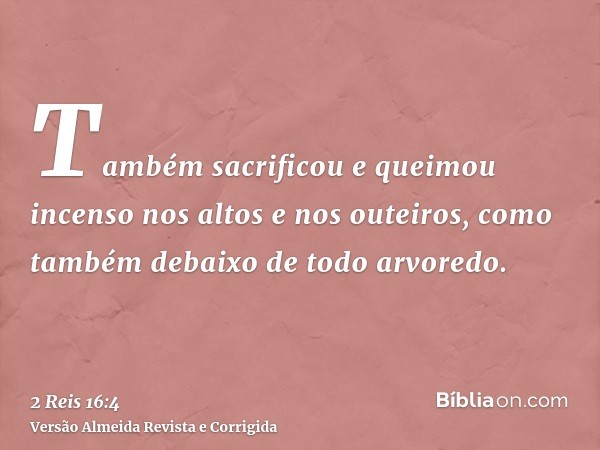 Também sacrificou e queimou incenso nos altos e nos outeiros, como também debaixo de todo arvoredo.
