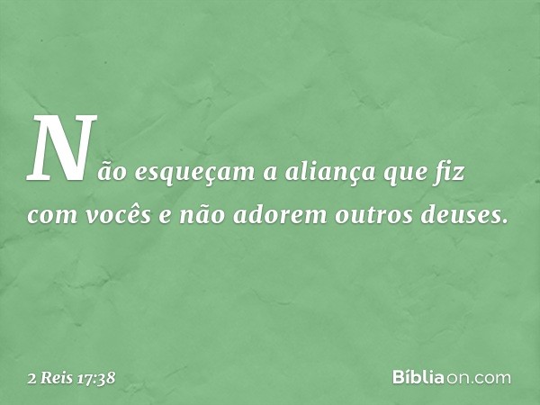 Não esqueçam a aliança que fiz com vocês e não adorem outros deuses. -- 2 Reis 17:38