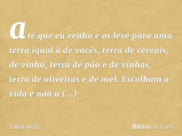 até que eu venha e os leve para uma terra igual à de vocês, terra de cereais, de vinho, terra de pão e de vinhas, terra de oliveiras e de mel. Escolham a vida e