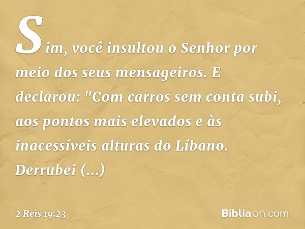 Sim, você insultou o Senhor
por meio dos seus mensageiros.
E declarou:
"Com carros sem conta subi,
aos pontos mais elevados
e às inacessíveis alturas do Líbano.