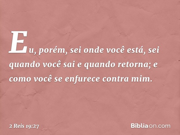 Eu, porém, sei onde você está,
sei quando você sai e quando retorna;
e como você se enfurece contra mim. -- 2 Reis 19:27