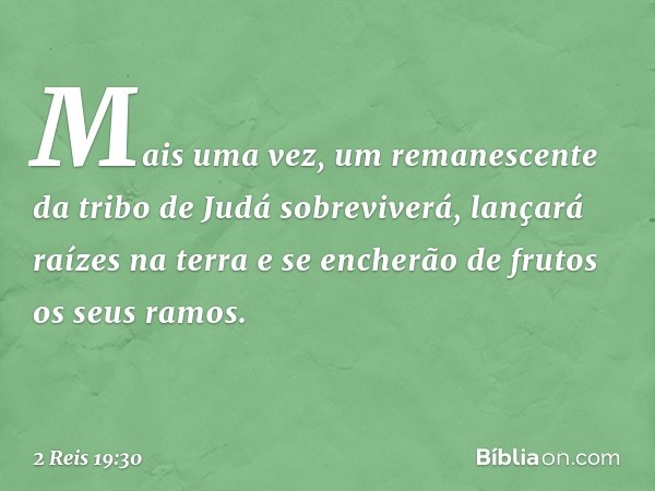 Mais uma vez, um remanescente
da tribo de Judá sobreviverá,
lançará raízes na terra
e se encherão de frutos
os seus ramos. -- 2 Reis 19:30