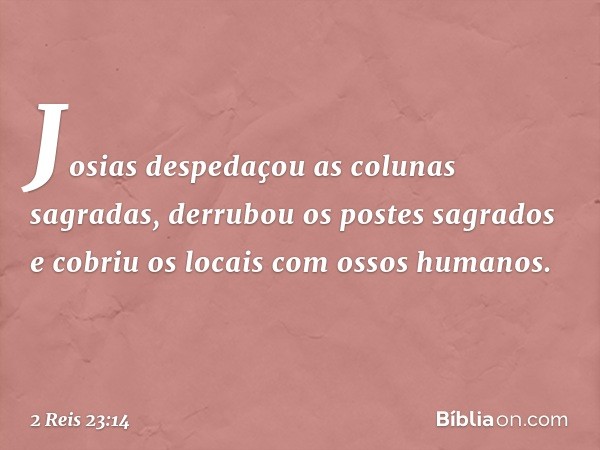 Josias despedaçou as colunas sagradas, derrubou os postes sagrados e cobriu os locais com ossos humanos. -- 2 Reis 23:14