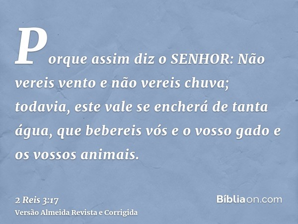 Porque assim diz o SENHOR: Não vereis vento e não vereis chuva; todavia, este vale se encherá de tanta água, que bebereis vós e o vosso gado e os vossos animais