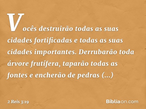 Vocês destruirão todas as suas cidades fortificadas e todas as suas cidades importantes. Derrubarão toda árvore frutífera, taparão todas as fontes e encherão de