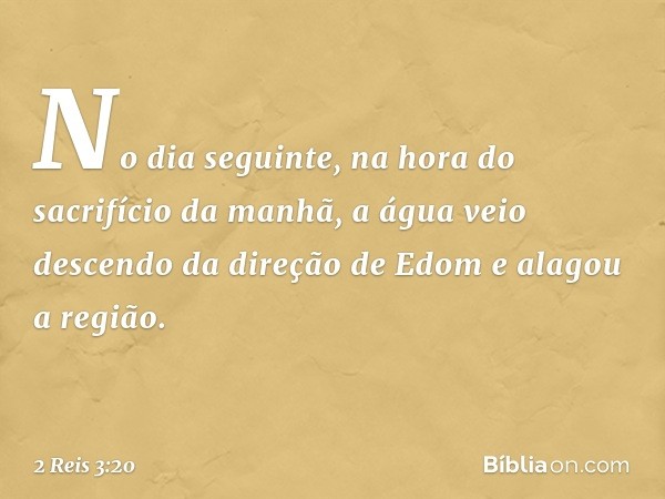 No dia seguinte, na hora do sacrifício da manhã, a água veio descendo da direção de Edom e alagou a região. -- 2 Reis 3:20