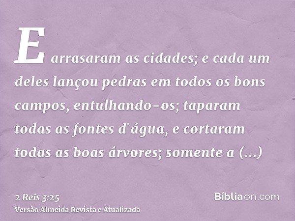 E arrasaram as cidades; e cada um deles lançou pedras em todos os bons campos, entulhando-os; taparam todas as fontes d`água, e cortaram todas as boas árvores; 