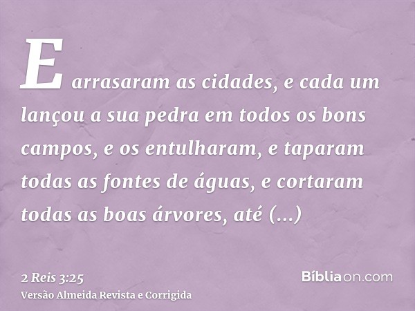 E arrasaram as cidades, e cada um lançou a sua pedra em todos os bons campos, e os entulharam, e taparam todas as fontes de águas, e cortaram todas as boas árvo