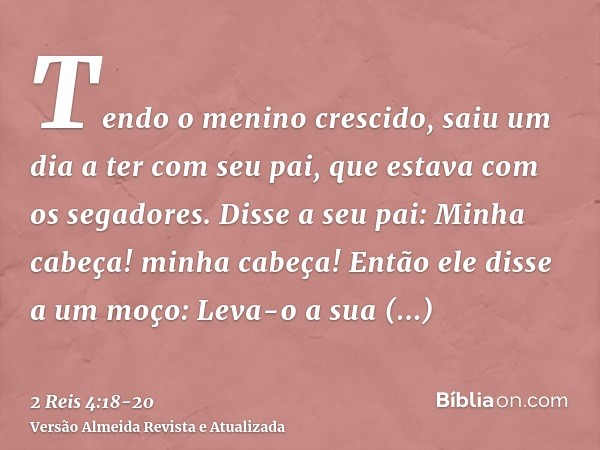 Tendo o menino crescido, saiu um dia a ter com seu pai, que estava com os segadores.Disse a seu pai: Minha cabeça! minha cabeça! Então ele disse a um moço: Leva