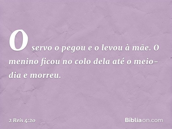 O servo o pegou e o levou à mãe. O menino ficou no colo dela até o meio-dia e morreu. -- 2 Reis 4:20