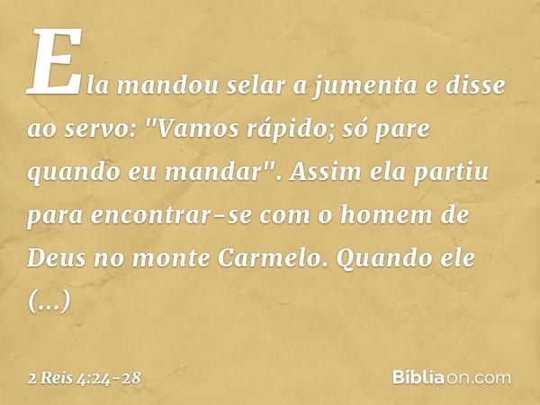 Ela mandou selar a jumenta e disse ao servo: "Vamos rápido; só pare quando eu mandar". Assim ela partiu para encontrar-se com o homem de Deus no monte Carmelo.
