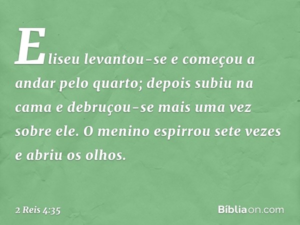 Eliseu levantou-se e começou a andar pelo quarto; depois subiu na cama e debruçou-se mais uma vez sobre ele. O menino espirrou sete vezes e abriu os olhos. -- 2