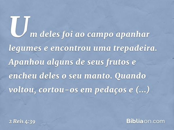 Um deles foi ao campo apanhar legumes e encontrou uma trepadeira. Apanhou alguns de seus frutos e encheu deles o seu manto. Quando voltou, cortou-os em pedaços 