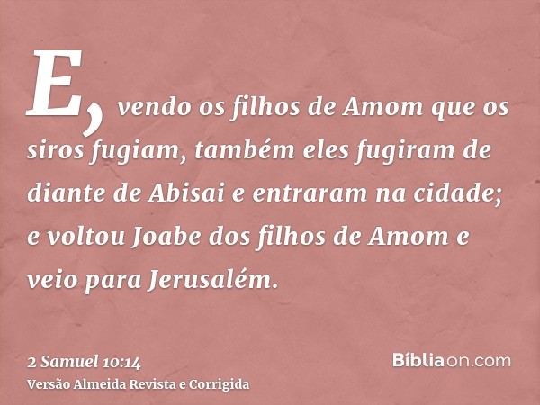 E, vendo os filhos de Amom que os siros fugiam, também eles fugiram de diante de Abisai e entraram na cidade; e voltou Joabe dos filhos de Amom e veio para Jeru