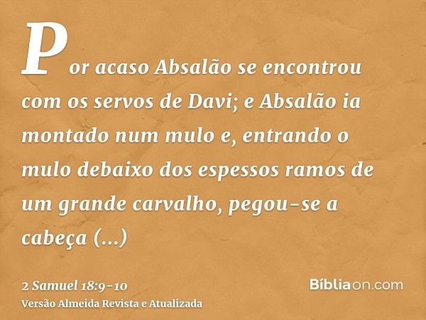 Por acaso Absalão se encontrou com os servos de Davi; e Absalão ia montado num mulo e, entrando o mulo debaixo dos espessos ramos de um grande carvalho, pegou-s