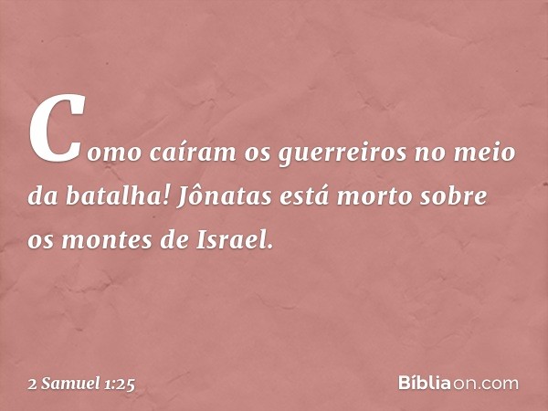 "Como caíram os guerreiros
no meio da batalha!
Jônatas está morto
sobre os montes de Israel. -- 2 Samuel 1:25