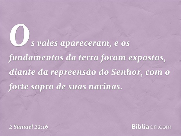 Os vales apareceram,
e os fundamentos da terra
foram expostos,
diante da repreensão do Senhor,
com o forte sopro de suas narinas. -- 2 Samuel 22:16