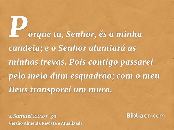 Porque tu, Senhor, és a minha candeia; e o Senhor alumiará as minhas trevas.Pois contigo passarei pelo meio dum esquadrão; com o meu Deus transporei um muro.