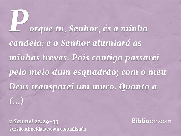 Porque tu, Senhor, és a minha candeia; e o Senhor alumiará as minhas trevas.Pois contigo passarei pelo meio dum esquadrão; com o meu Deus transporei um muro.Qua