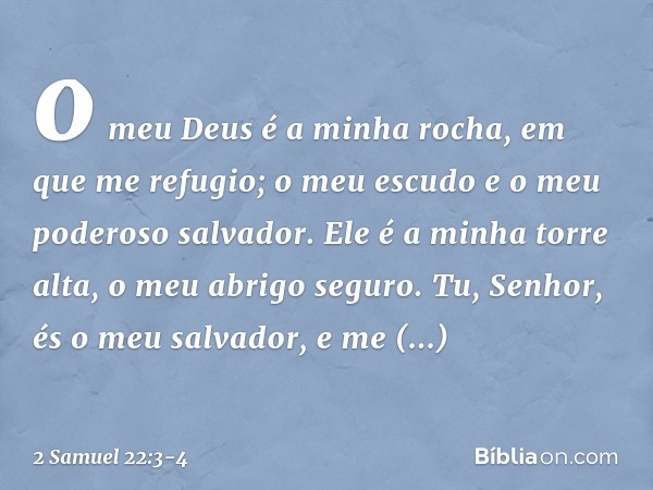 o meu Deus é a minha rocha,
em que me refugio;
o meu escudo
e o meu poderoso salvador.
Ele é a minha torre alta,
o meu abrigo seguro.
Tu, Senhor,
és o meu salva