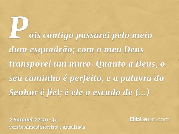 Pois contigo passarei pelo meio dum esquadrão; com o meu Deus transporei um muro.Quanto a Deus, o seu caminho é perfeito, e a palavra do Senhor é fiel; é ele o 