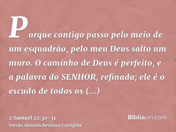 Porque contigo passo pelo meio de um esquadrão, pelo meu Deus salto um muro.O caminho de Deus é perfeito, e a palavra do SENHOR, refinada; ele é o escudo de tod