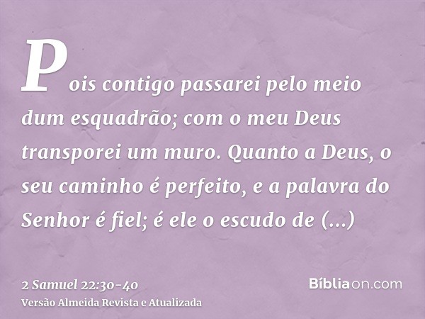 Pois contigo passarei pelo meio dum esquadrão; com o meu Deus transporei um muro.Quanto a Deus, o seu caminho é perfeito, e a palavra do Senhor é fiel; é ele o 