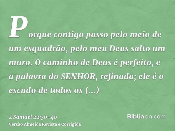 Porque contigo passo pelo meio de um esquadrão, pelo meu Deus salto um muro.O caminho de Deus é perfeito, e a palavra do SENHOR, refinada; ele é o escudo de tod