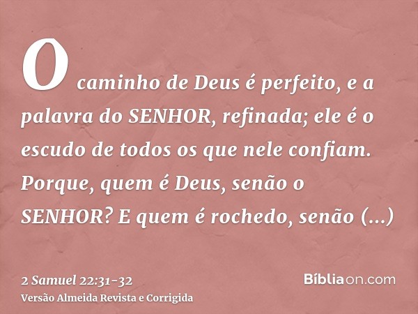 O caminho de Deus é perfeito, e a palavra do SENHOR, refinada; ele é o escudo de todos os que nele confiam.Porque, quem é Deus, senão o SENHOR? E quem é rochedo