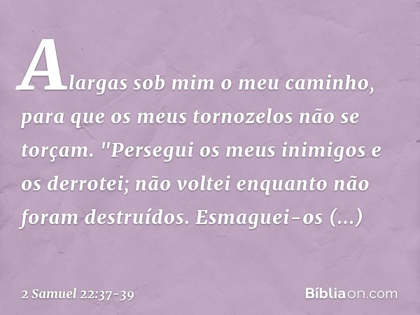 Alargas sob mim o meu caminho,
para que os meus tornozelos
não se torçam. "Persegui os meus inimigos
e os derrotei;
não voltei
enquanto não foram destruídos. Es