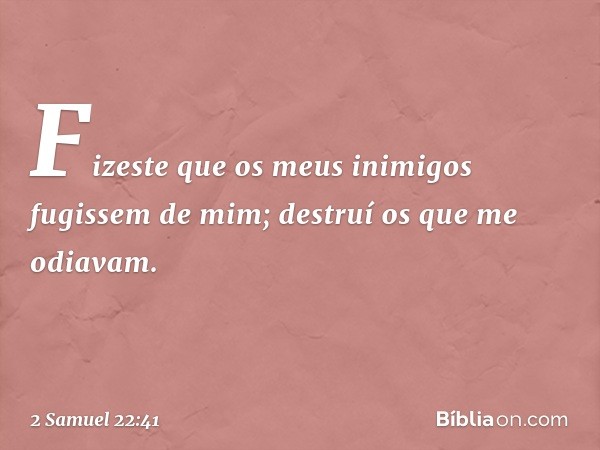 Fizeste que os meus inimigos
fugissem de mim;
destruí os que me odiavam. -- 2 Samuel 22:41