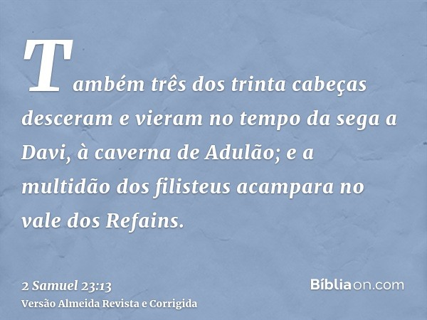 Também três dos trinta cabeças desceram e vieram no tempo da sega a Davi, à caverna de Adulão; e a multidão dos filisteus acampara no vale dos Refains.