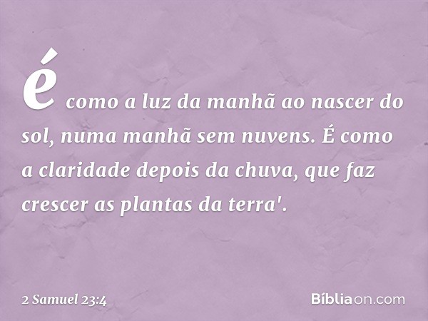 é como a luz da manhã
ao nascer do sol,
numa manhã sem nuvens.
É como a claridade depois da chuva,
que faz crescer as plantas da terra'. -- 2 Samuel 23:4