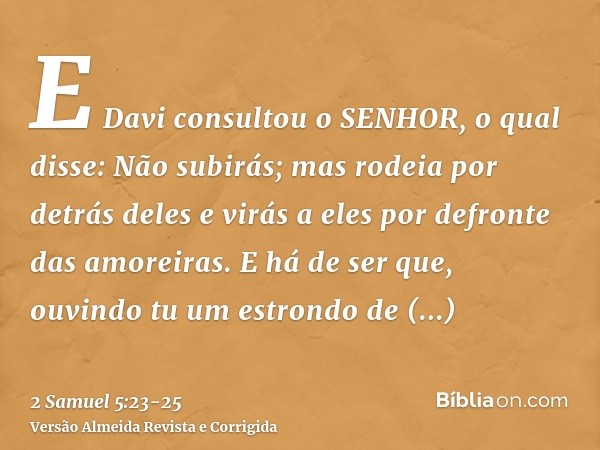 E Davi consultou o SENHOR, o qual disse: Não subirás; mas rodeia por detrás deles e virás a eles por defronte das amoreiras.E há de ser que, ouvindo tu um estro