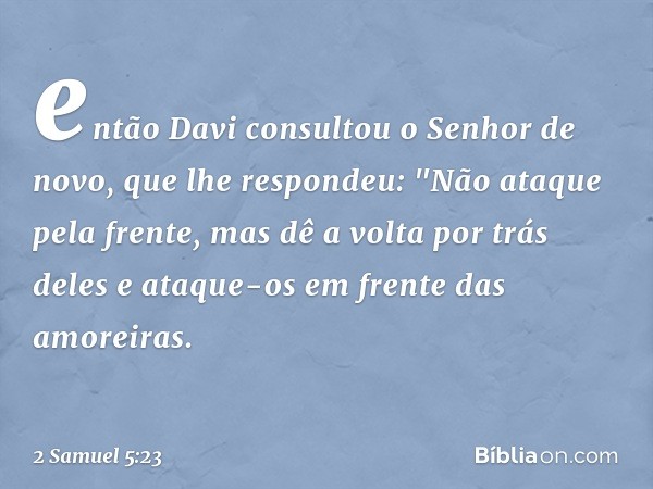 então Davi consultou o Senhor de novo, que lhe respondeu: "Não ataque pela frente, mas dê a volta por trás deles e ataque-os em frente das amoreiras. -- 2 Samue