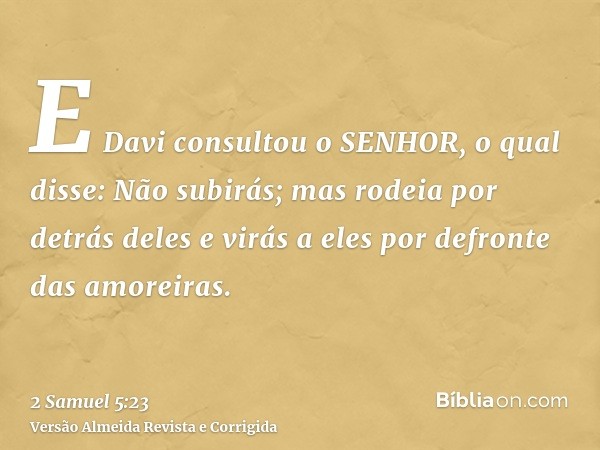 E Davi consultou o SENHOR, o qual disse: Não subirás; mas rodeia por detrás deles e virás a eles por defronte das amoreiras.