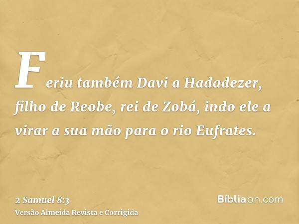 Feriu também Davi a Hadadezer, filho de Reobe, rei de Zobá, indo ele a virar a sua mão para o rio Eufrates.