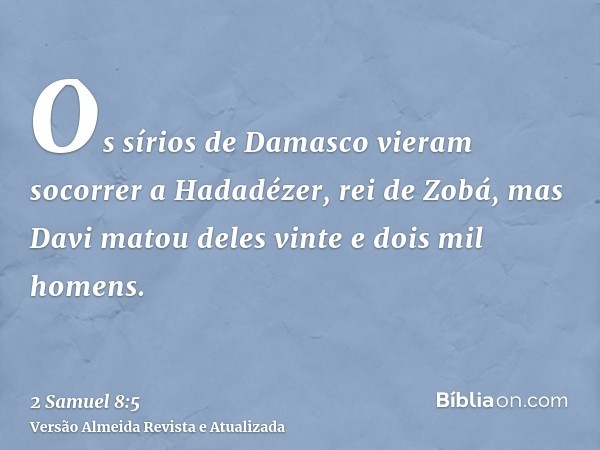 Os sírios de Damasco vieram socorrer a Hadadézer, rei de Zobá, mas Davi matou deles vinte e dois mil homens.