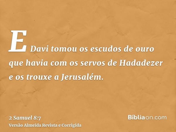 E Davi tomou os escudos de ouro que havia com os servos de Hadadezer e os trouxe a Jerusalém.